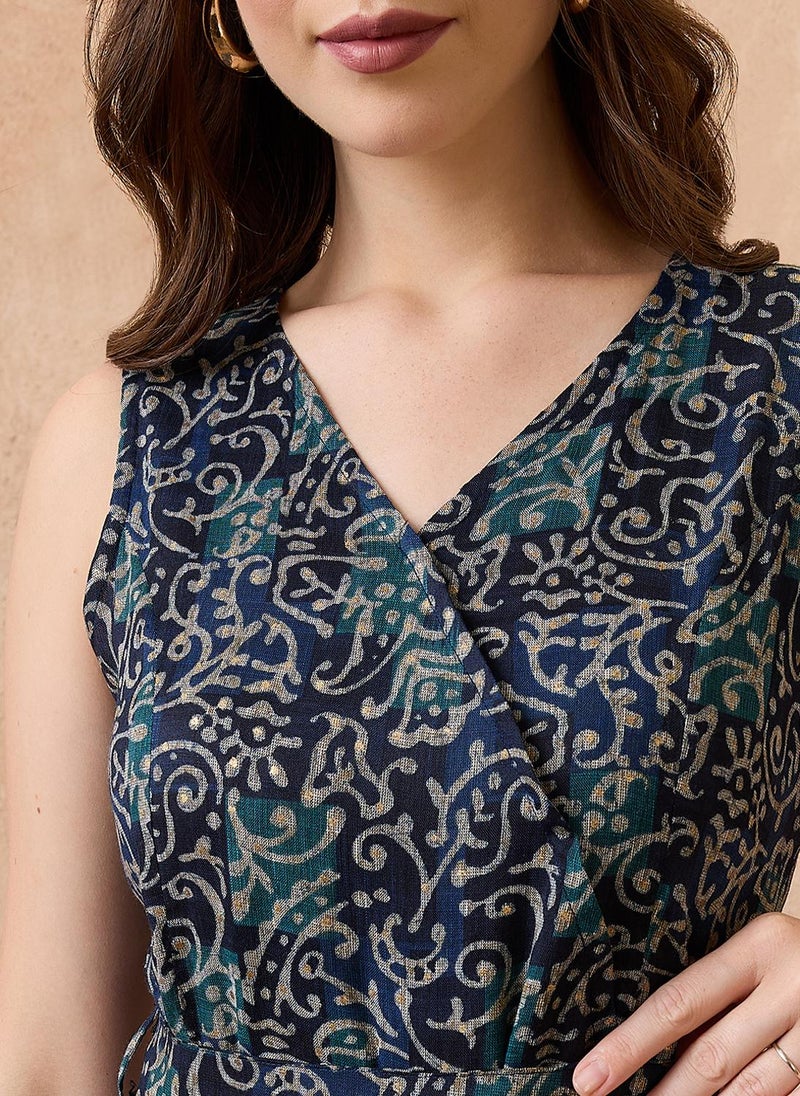 جلو باص جمبسوت نسائي بياقة على شكل حرف  وطبعات عرقية واسع بتصميم فيوجن - Image 5